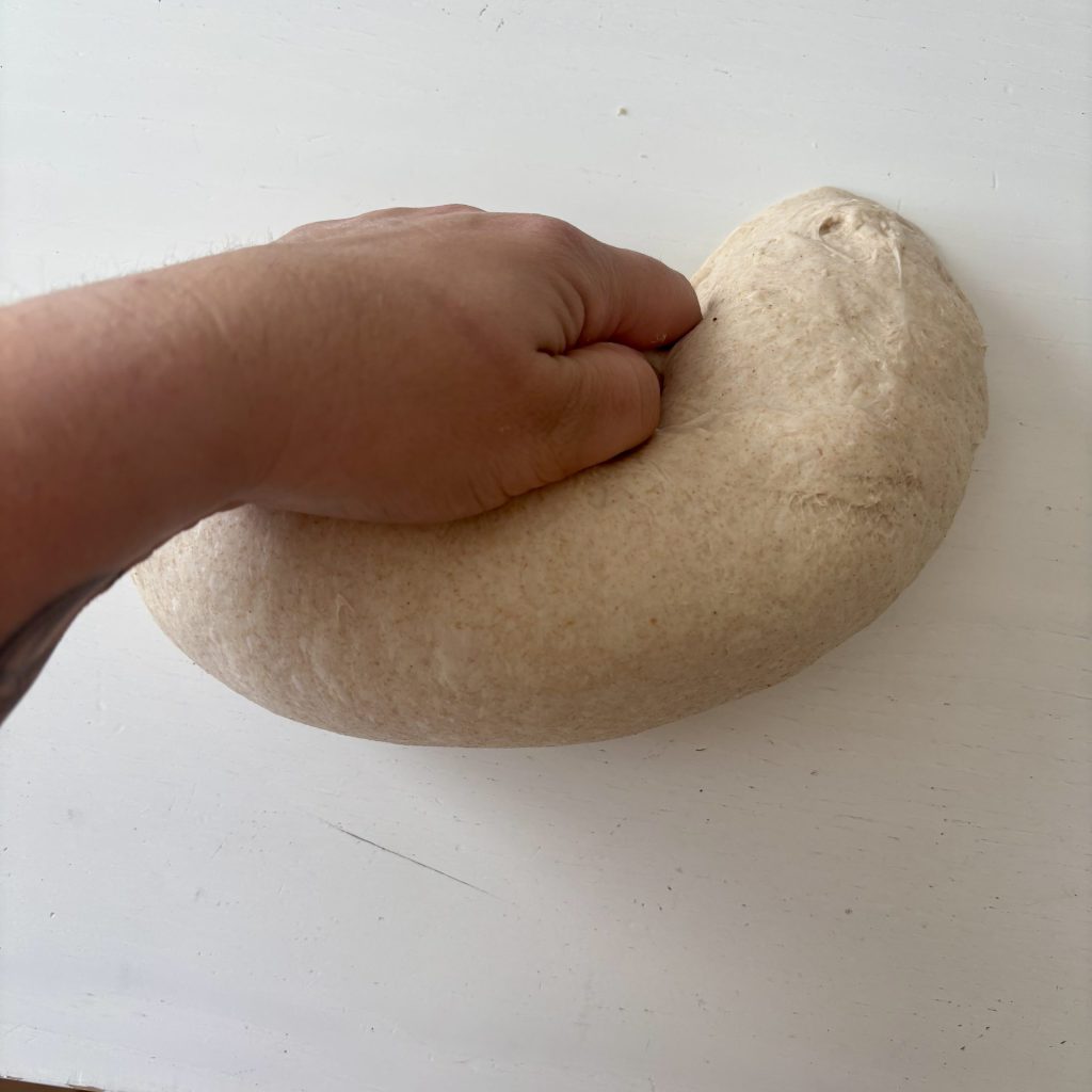 Sauerteig Teig mit dunklem Mehl wird von Hand geformt