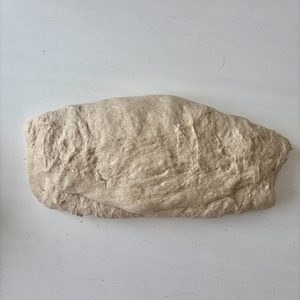 Sauerteig Teig mit dunklem Mehl vor dem Formen, eingeklappt