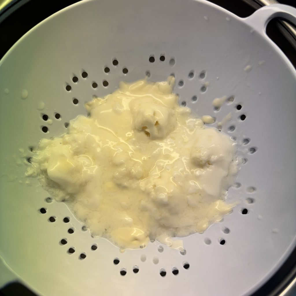 Abgesiebte Milchkefirknollen in einem feinen Sieb