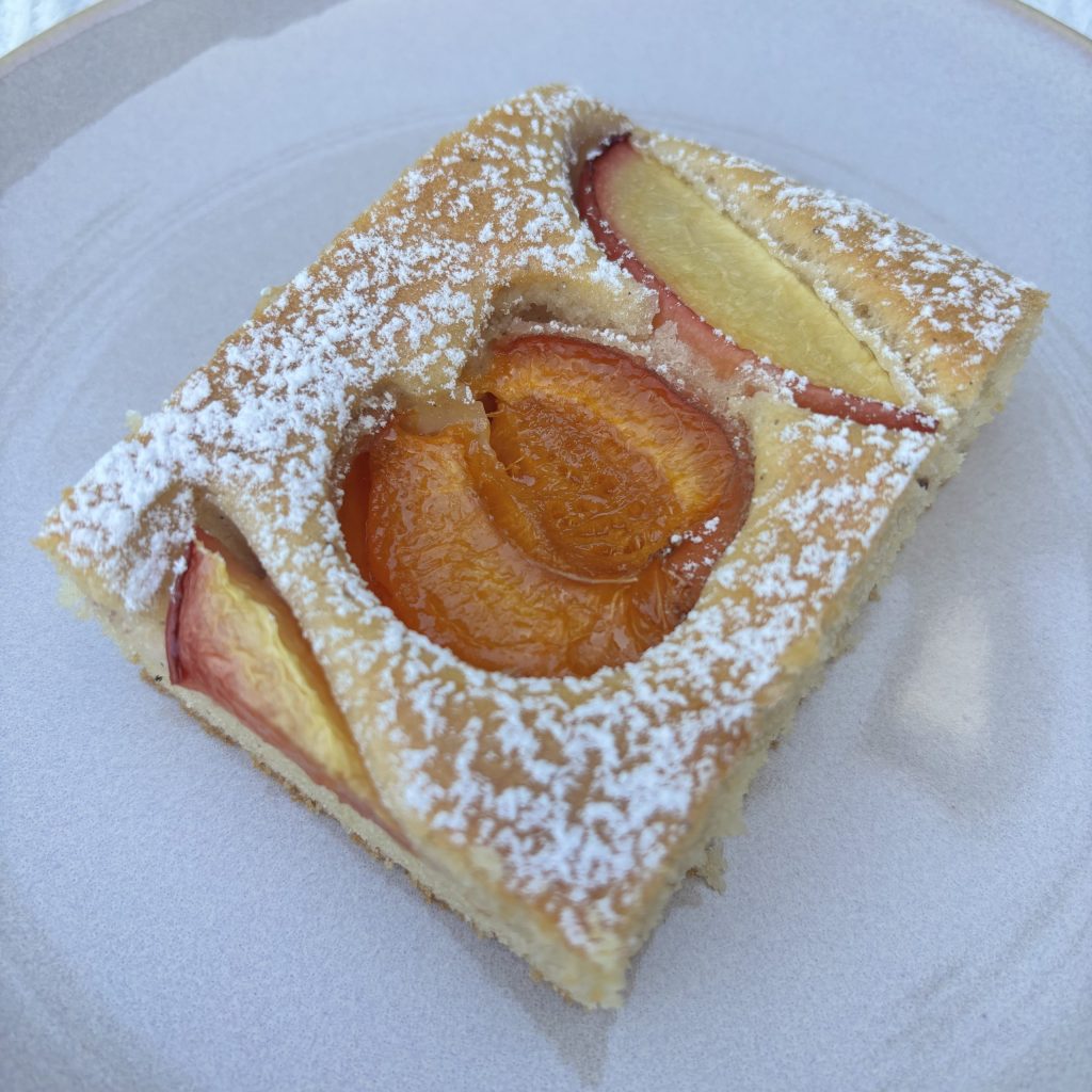 Sauerteig Blechkuchen mit Aprikosen und Nektarinenstück auf einem weissen Teller