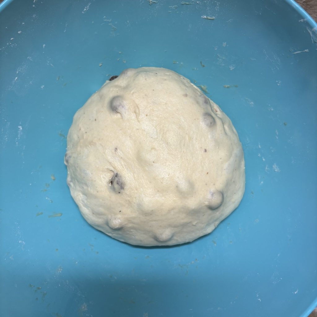 Aufgegangener Teig mit Rosinen für weiche Sauerteigbrötchen