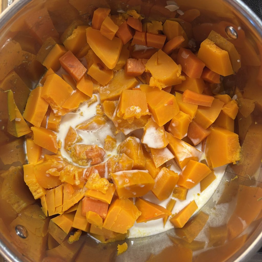 Kürbis und Karotten mit Kokosmilch im Topf