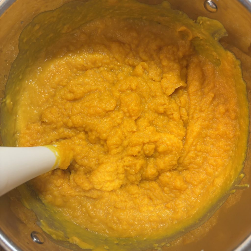 Kürbissuppe mit Kokosmilch wird püriert